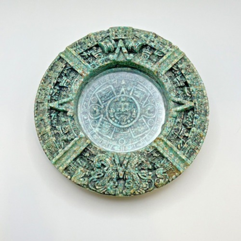 Vintage 1970s Green‎ Crush Malachite Stone Ashtray 7" Dish Aztec Mayan Calendar